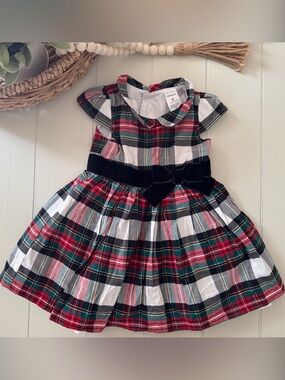 Baby Girl Plaid Velvet Bow Holiday Dress